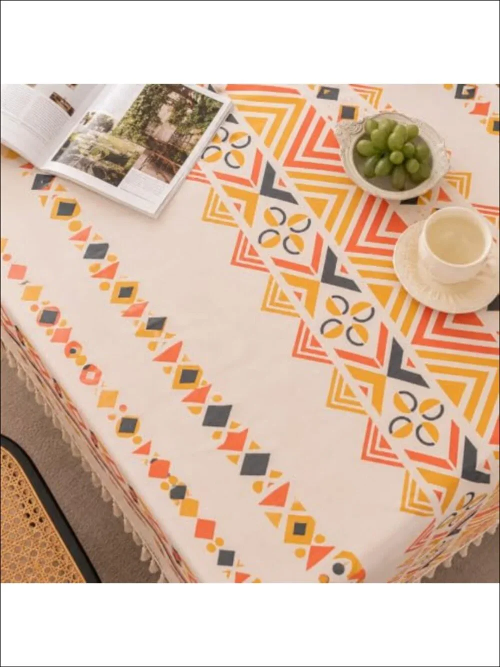 Boho Tablecloth Waterproof Rectangle Cover for 6-8 ft Tables Tassel Trim